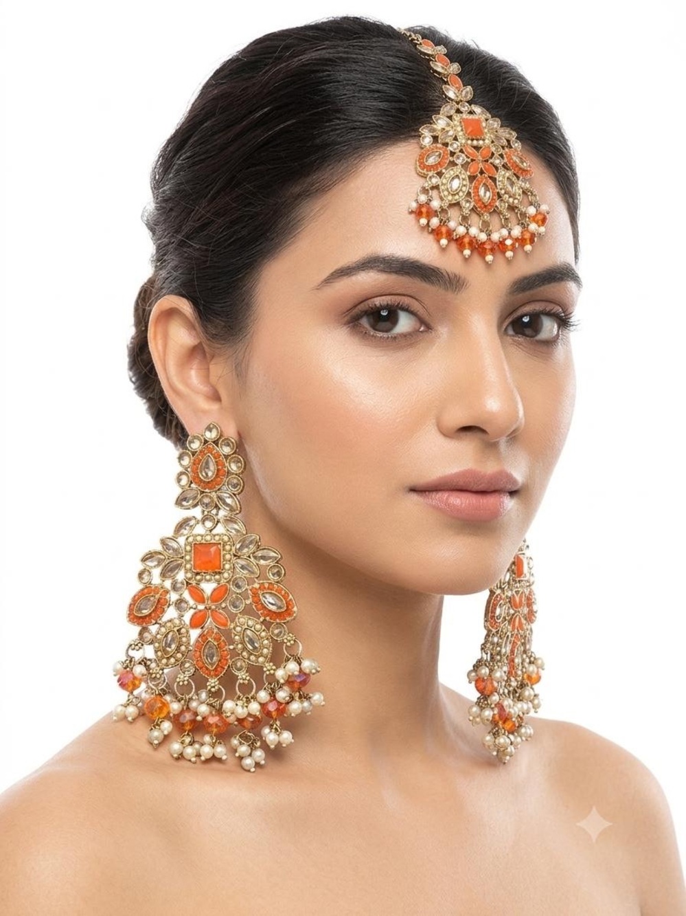 Gold-Tone Orange Kundan Statement Earrings and Maang Tikka Set
